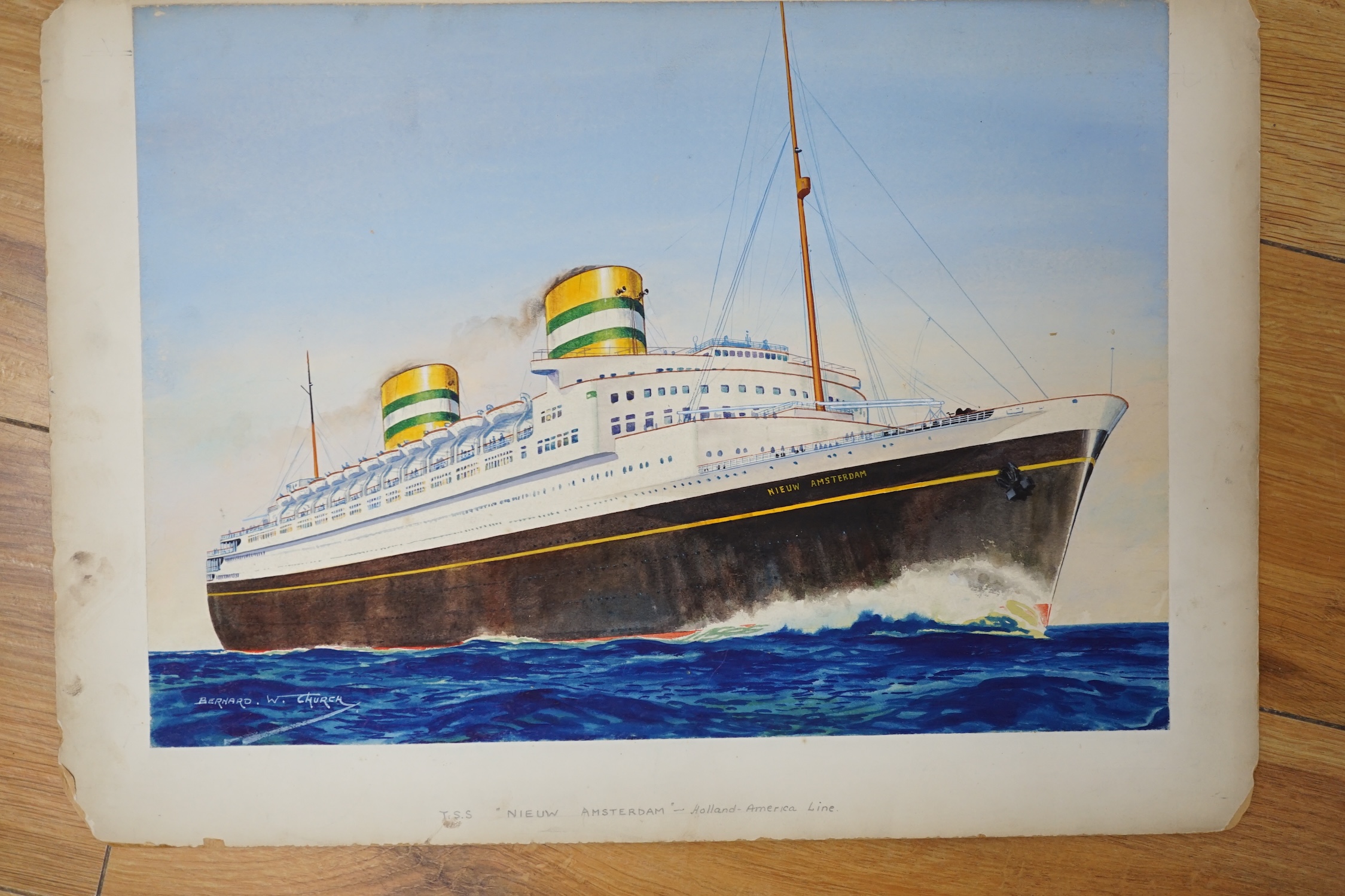 Bernard W. Church (20th. C), two original watercolours for postcard designs, ocean liners, ‘Arandora Star, Blue Star Line’ & ‘Nieuw Amsterdam, Holland America Line’, each signed, unframed, largest 30 x 42cm. Condition -